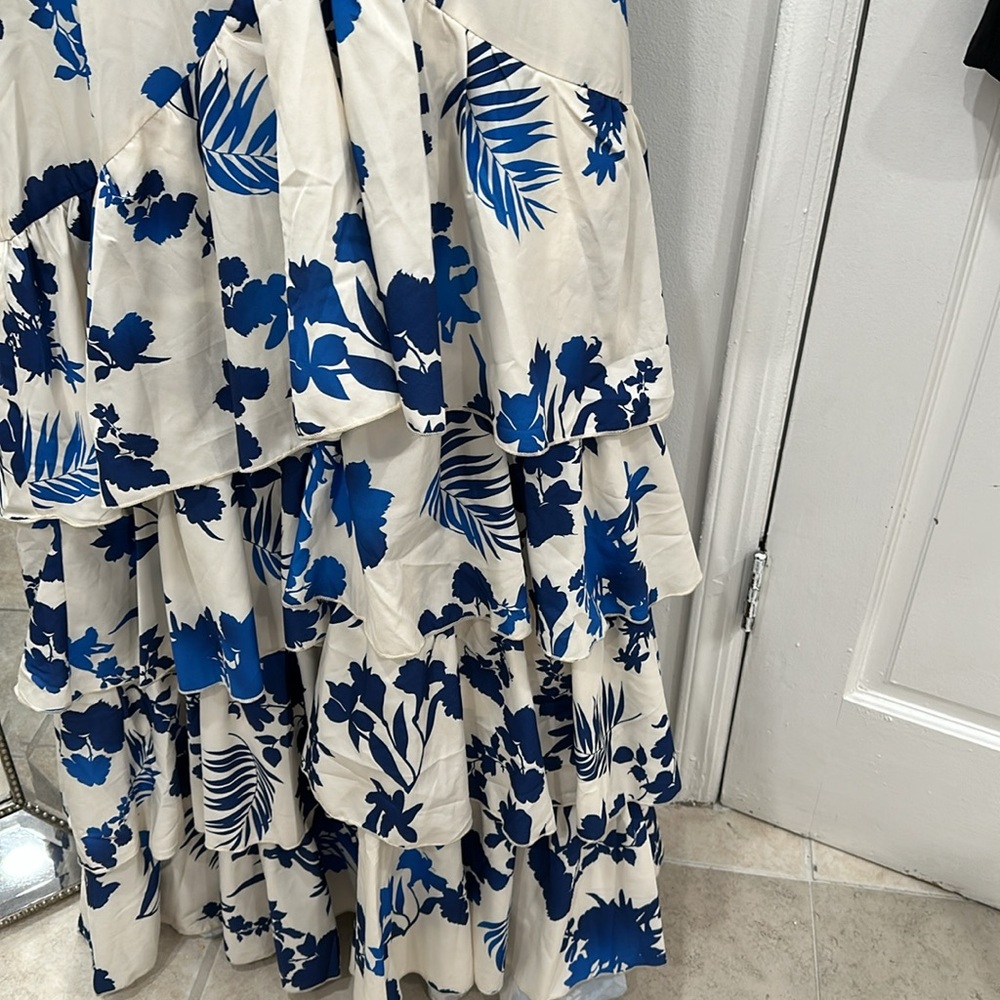 the blue halter cut out ruffle maxi Dress Size XL wedding multi blue wht floral - Picture 6 of 15